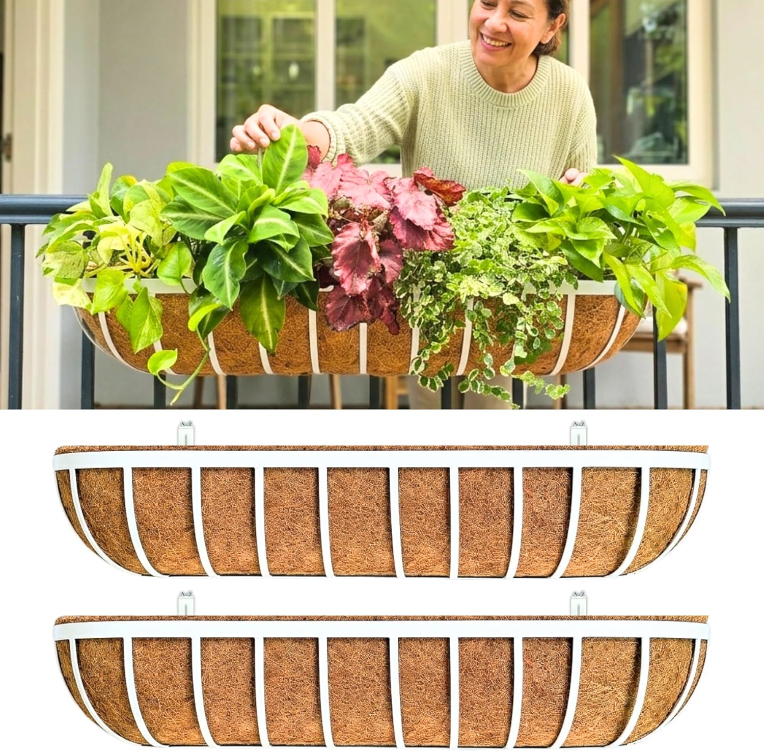 LaLaGreen Deck Railing Planter Boxes (2 Pack, 36") White Metal Extra Large Wall Hanging Planter with Coco Liner, Rectangular Window Flower Box for Outdoor Plants Deck Rail Fence Balcony Porch Patio