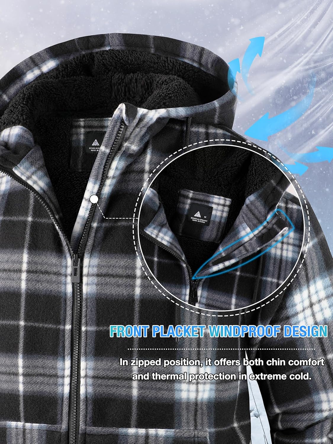ZITY Hoodies for Men Flannel Fleece Sweatshirt Plaid Full Zip Up Jacket Sherpa Lined Winter Warm Coat - Image 3