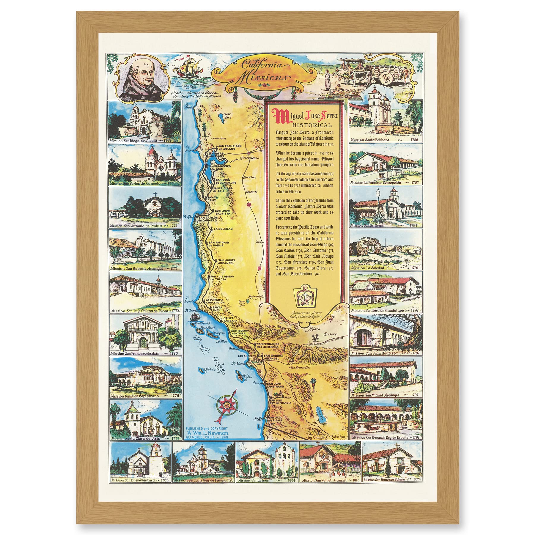 Artery8 Pictorial Map Putnam 1949 California Missions History Artwork Framed Wall Art Print A4