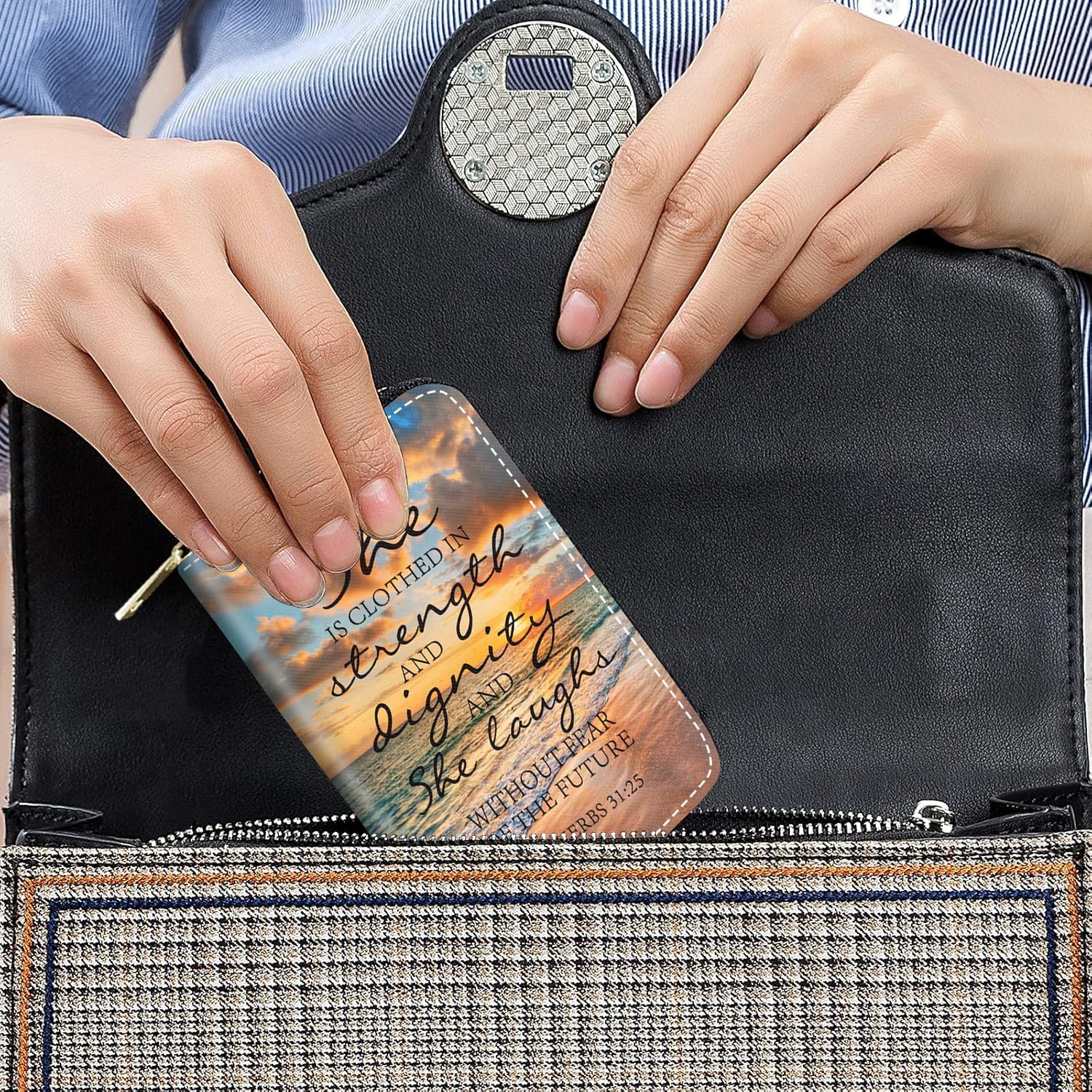 Credit Card Holder Wallets for Women, Christian Quote Bible Verse Proverbs 31:25 Design RFID Blocking Small Leather Card Case Wallet Zipper Accordion Wallets - Image 6