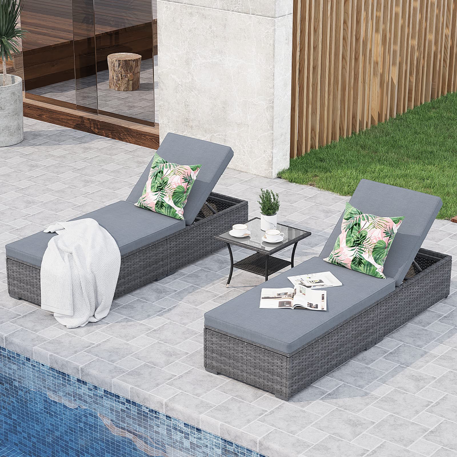 JOIVI Outdoor Chaise Lounge Chair, 3 Piece Patio Lounge Chairs with Glass Top Wicker Coffee Table for Outside, Rattan Reclining Chaise Lounger with