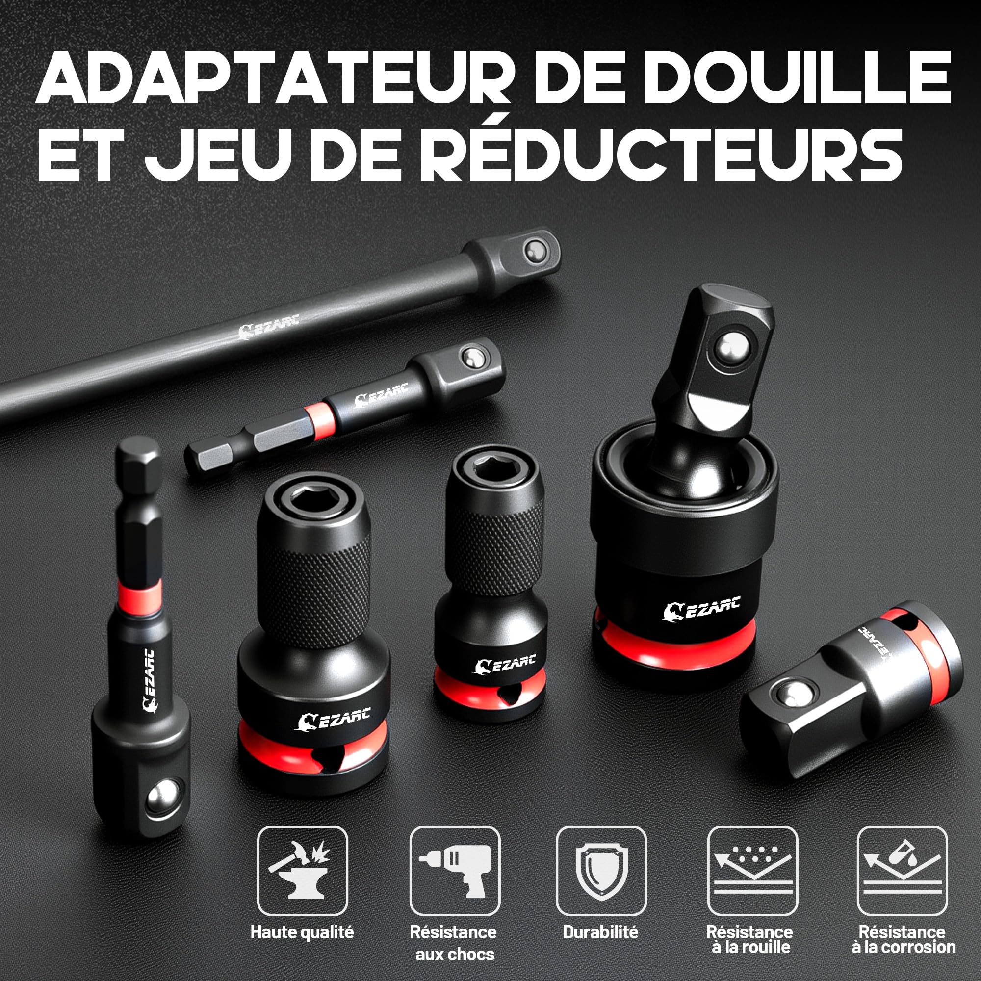 EZARC Lot de 21 adaptateurs de clé à douille, extensions et réducteurs CR-V, joints de cardan CR-MO et adaptateur à impact, visseuse à percussion, accessoires pour réparation automobile et atelier