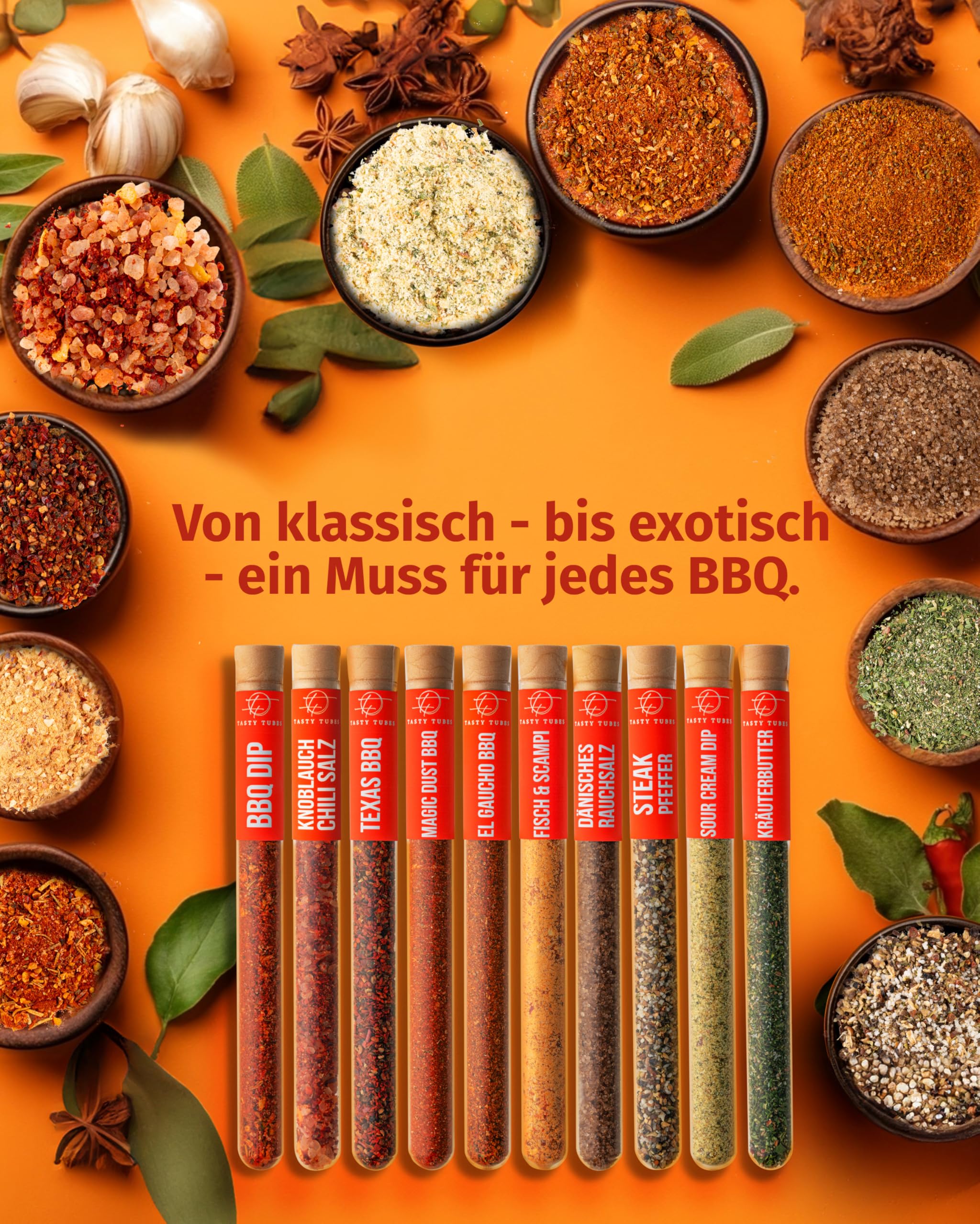 Tasty Tubes - Bold BBQ Box - Gewürz-Set - Besonderes Geschenk für Männer & Frauen - 10 verschiedene BBQ-, Dip- & Kräuterbutter-Gewürzmischungen - Geschenkbox für Grill-Begeisterte