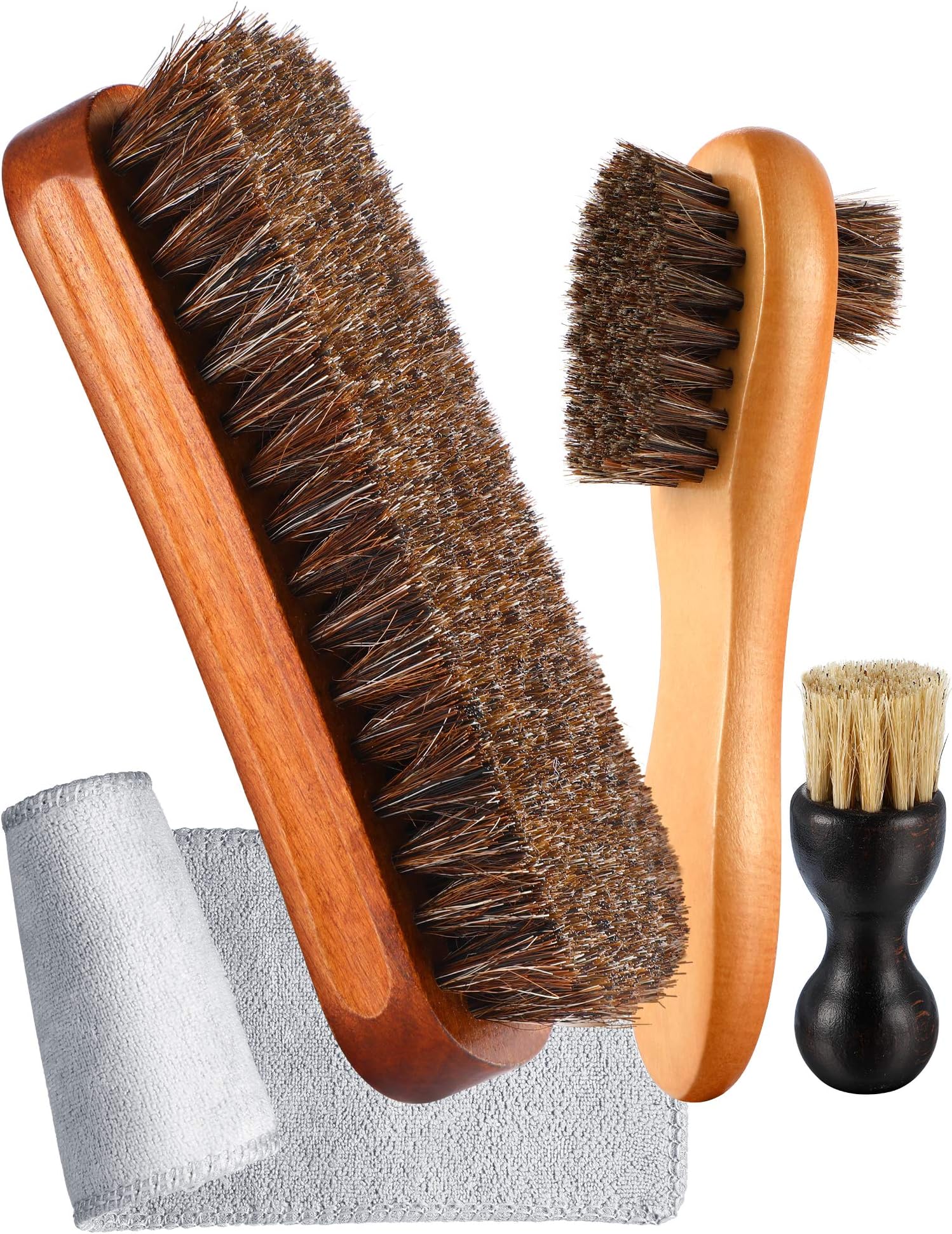 YoungJoy4 Pieces Horsehair Shoe Shine Brush Kit Polishing Dauber Care Applicators with Microfiber Buffing Cloth for Shoes Leather Boot Cloth Bag Care (A)