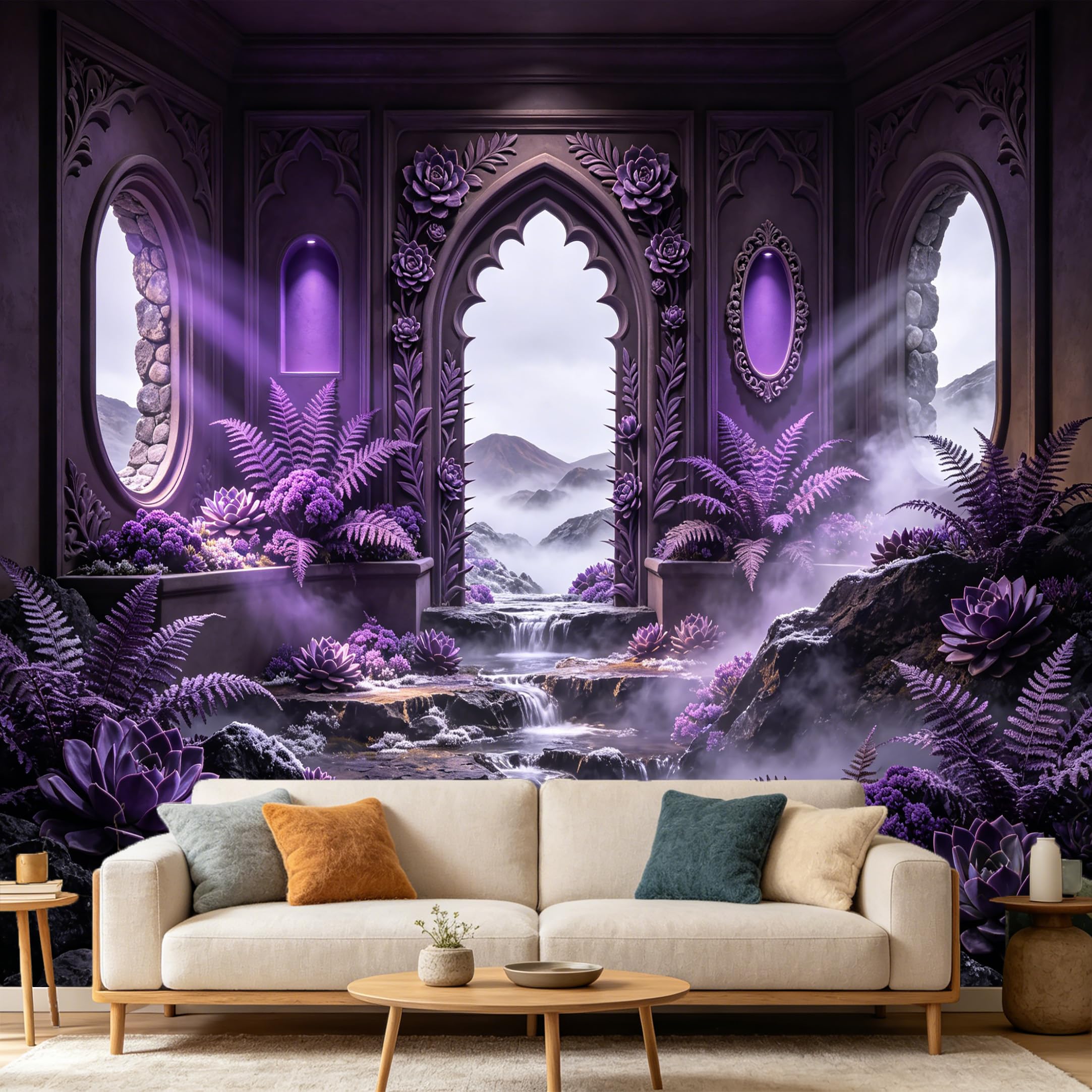 Custom Size Wall Mural， Purple Gothic Archway Mountain Mist Waterfall Botanical 3D Art Prints wall Fabric Removable Large Wallpaper Home Living Room Decor