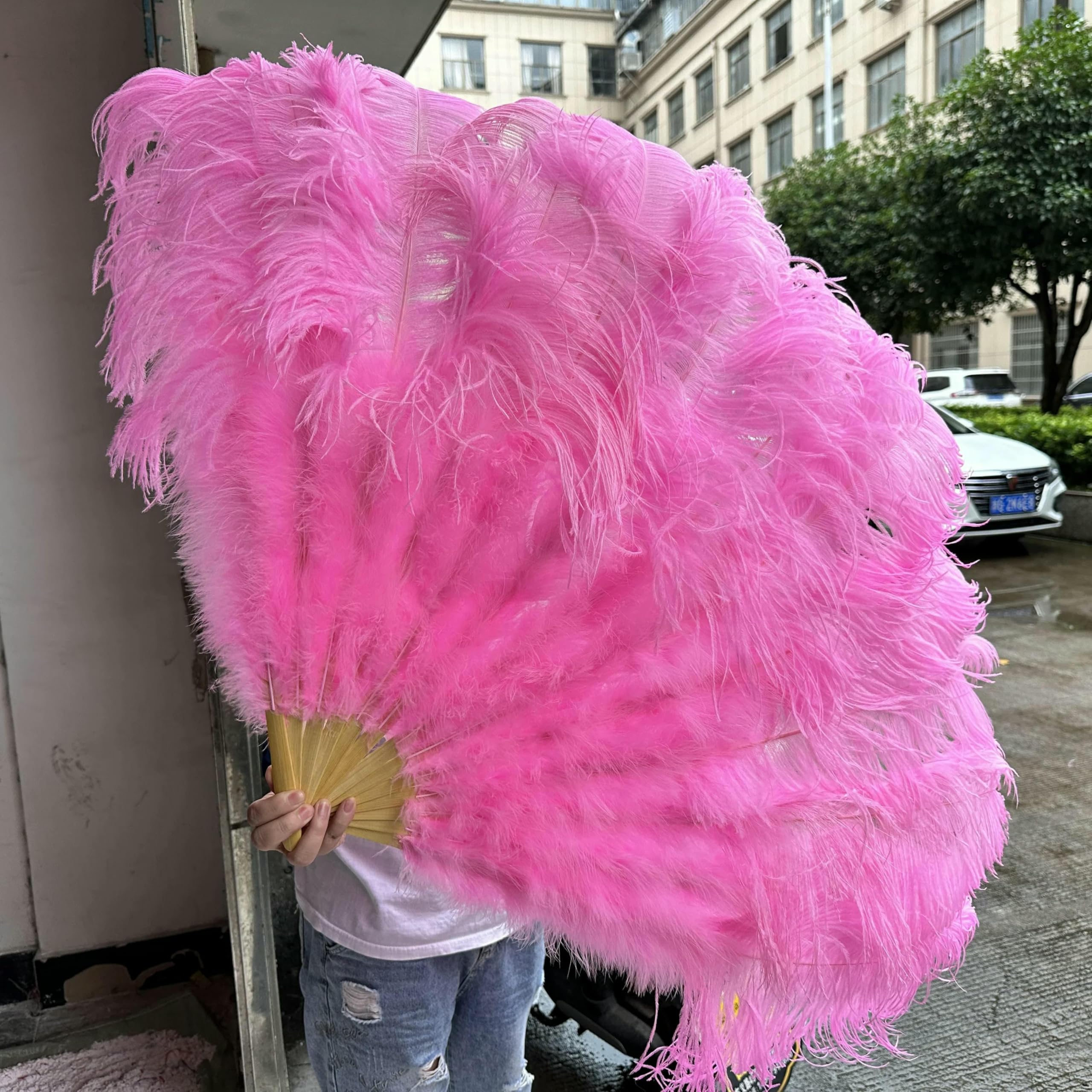 Ventaglio di piume di struzzo bianco grande da 130 cm, soffice, con 13 ossa, portatile, per carnevale, danza del ventre, spettacolo teatrale, piume, fai da te, artigianato, rosa scuro, piccolo venta