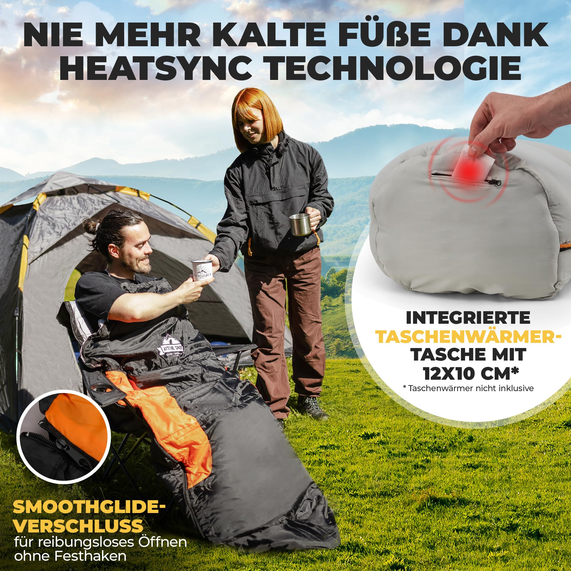 Schlafsack Winter - 3 Jahreszeiten & Sommer, Wasserabweisend & Atmungsaktiv, Nie mehr kalte Füße Dank Taschenwärmer-Tasche, Schlafsack - Hüttenschlafsack, Camping, Sleeping Bag
