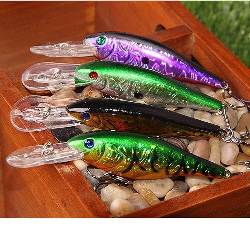 Miniatura 4 de Señuelos de pesca duros, señuelos de minnow para lubina, juego de cebos de crankbait, señuelos de buceo profundo con gancho de agudos para lubina,