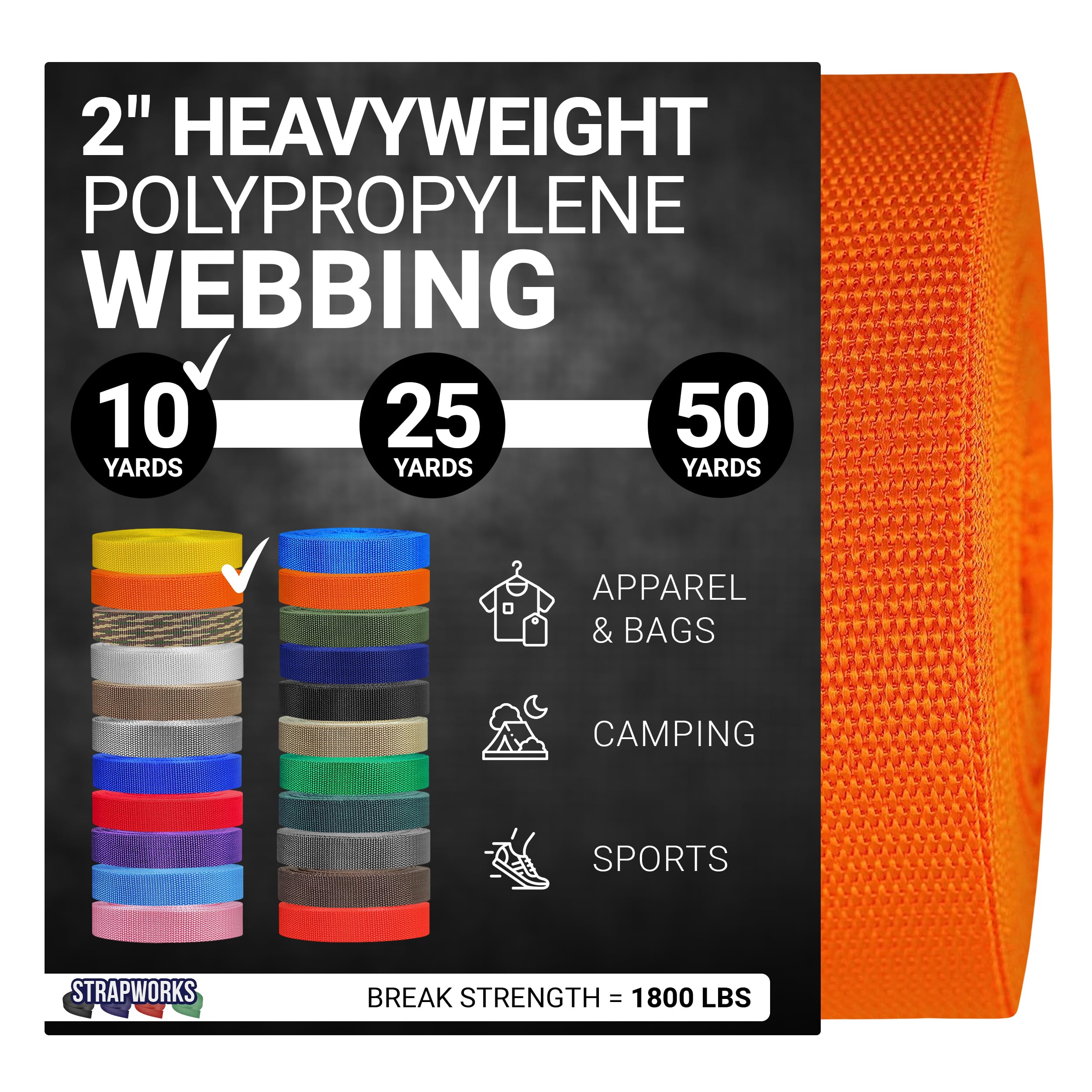 Strapworks Heavyweight Polypropylene Webbing - Heavy Duty Poly Strapping for Outdoor DIY Gear Repair, 2 Inch x 10 Yards - Yellow Gold