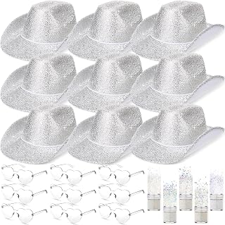 Coume 23 Pcs Cowboy Light up Hat Bulk Sparkly Holographic Hats with Heart Sunglasses for Women Costume Western Party (Silver,Glitter Style)
