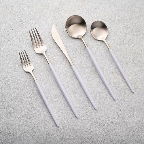 Miniatura 7 de Vikko Decor Modern - Juego de cubiertos negros y dorados, acero inoxidable 1810, elegantes cubiertos de mango largo, cubiertos de dos tonos para