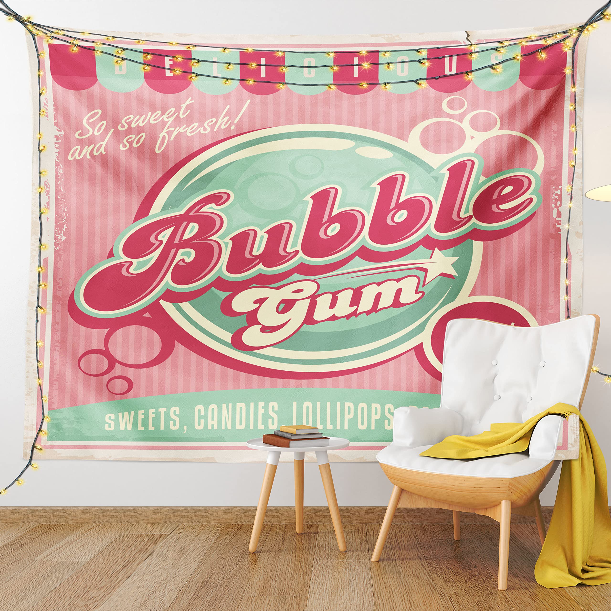 Amazon.com: Lunarable Retro Tapestry, Advertisement for Candy Shop with  Pastel Stripes Background Eighties Design, Fabric Wall Hanging Decor for  Bedroom Living Room Dorm, 45" X 30", Mint Green : Home & Kitchen