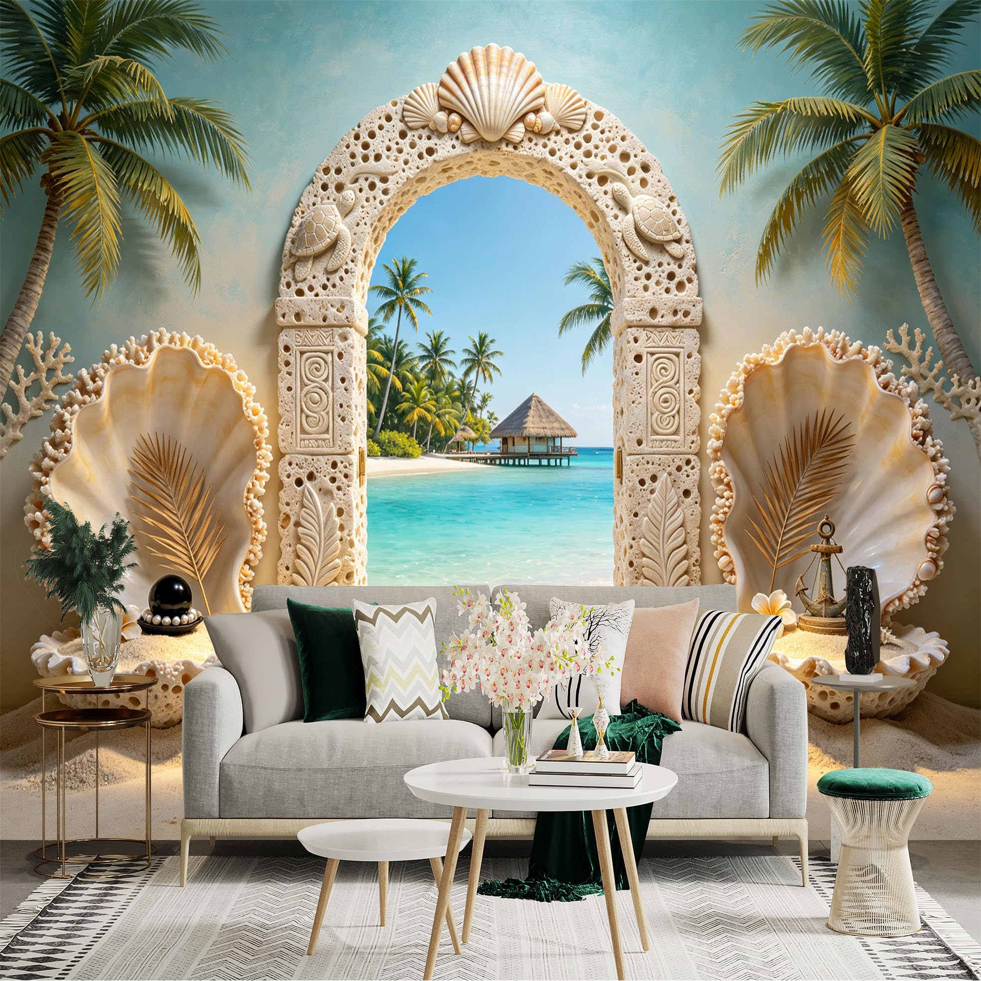 Custom Size Wall Sticker Mural， Tropical Beach Archway with Seashells， Palm Trees and Ocean View， for wall Decoration， peelandstick wall Decals.