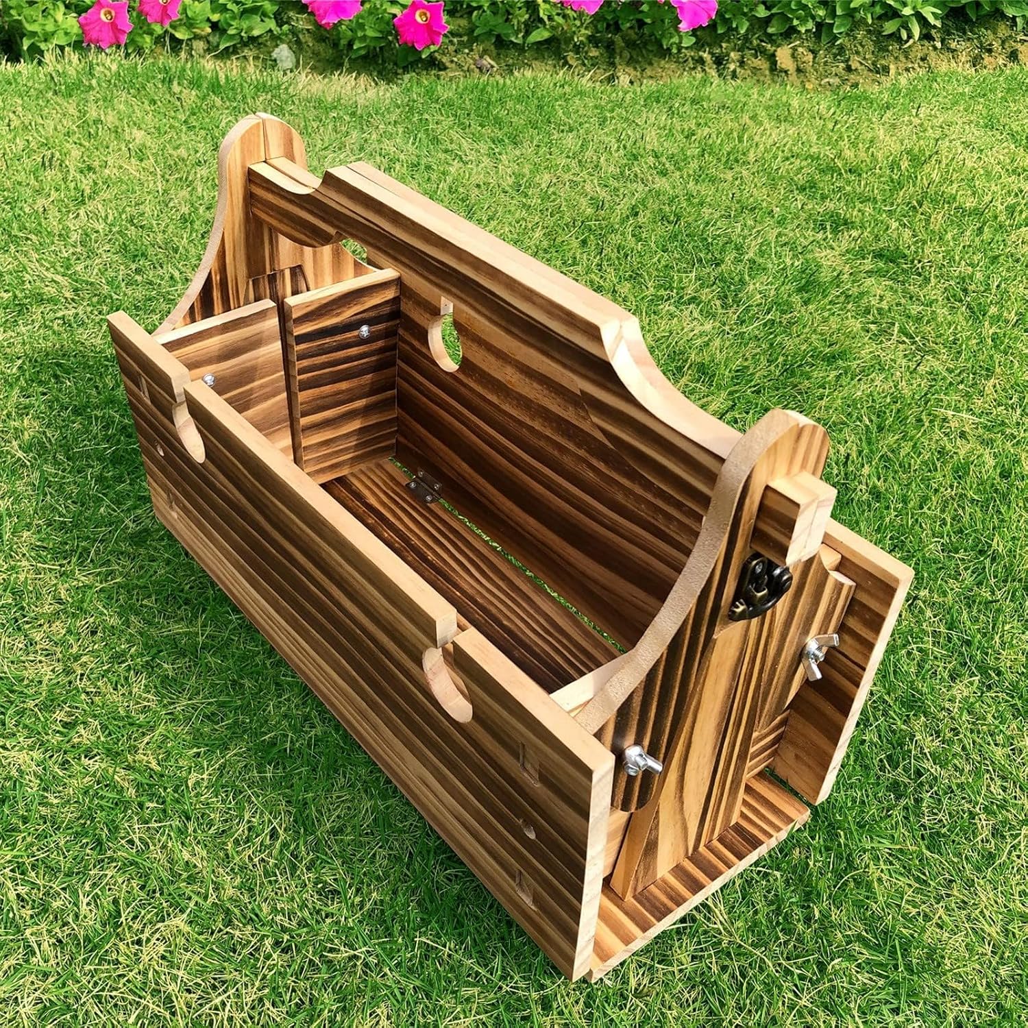 Wooden Folding Picnic Table with Storage Basket - 2-in-1 Portable Outdoor Table with Wine Glass Holder, Ideal for Champagne, Snacks and Beach or Park Picnics (Vintage)