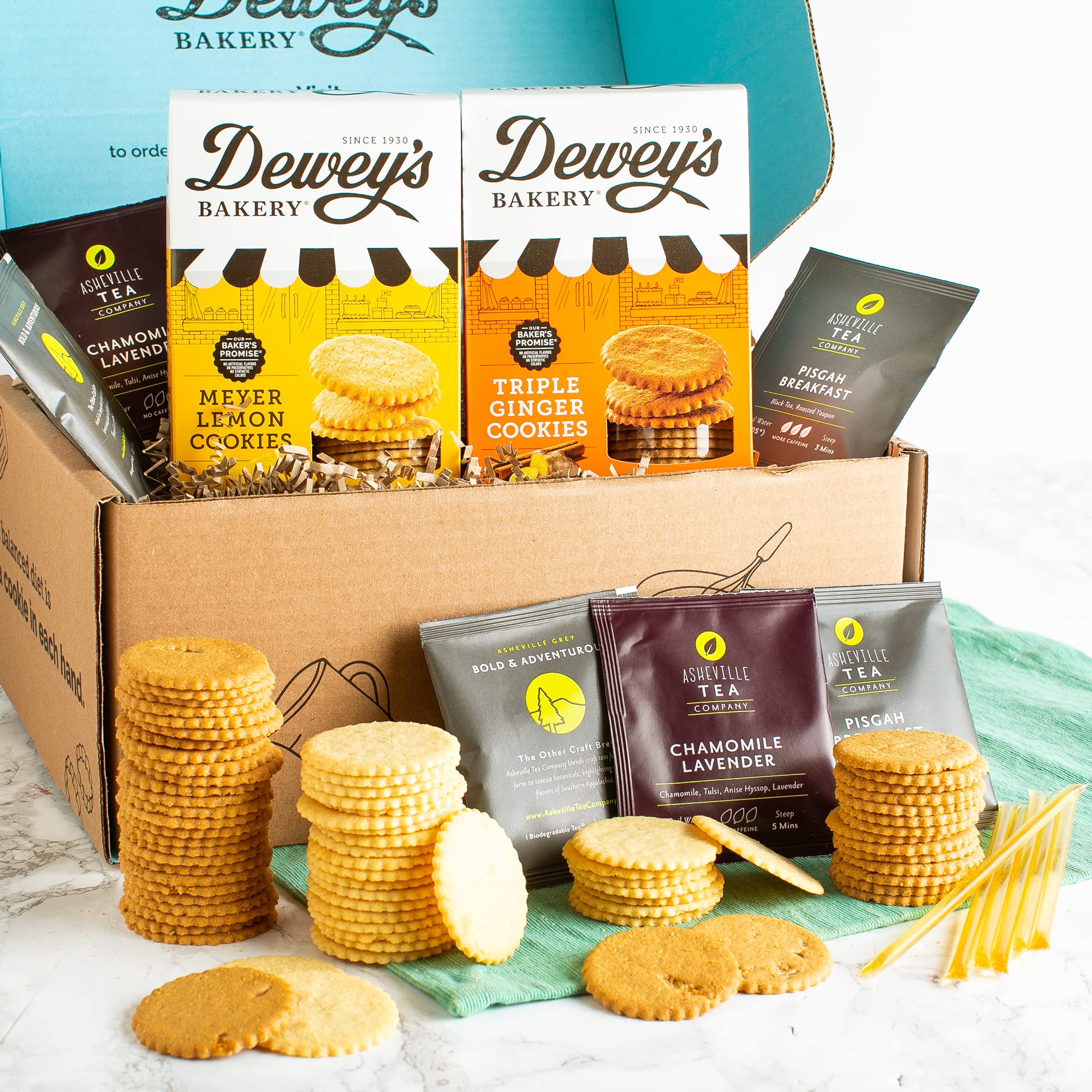 Tea and Honey Gift Basket by Dewey's Bakery | 4-Piece | Tea Bags, Honey Straws & Moravian Cookie Thins | North Carolina Bakery Food Gifts & Care Package for Birthdays, Get Well