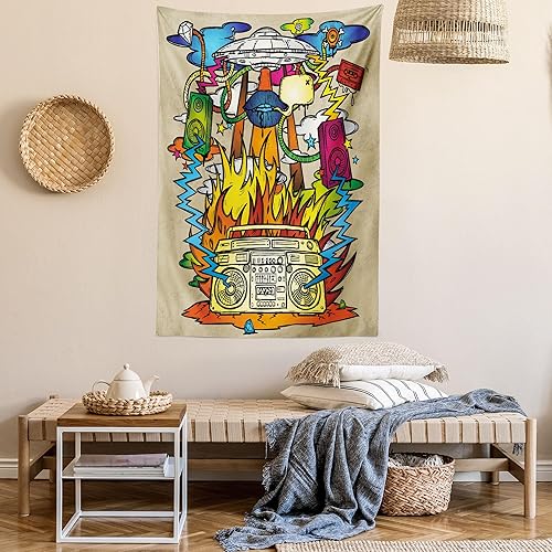 Miniatura 6 de Ambesonne Tapiz de arte moderno, hippie Funk Trippy Objects OVNI caja de música para labios y altavoces, imagen para colgar en la pared para