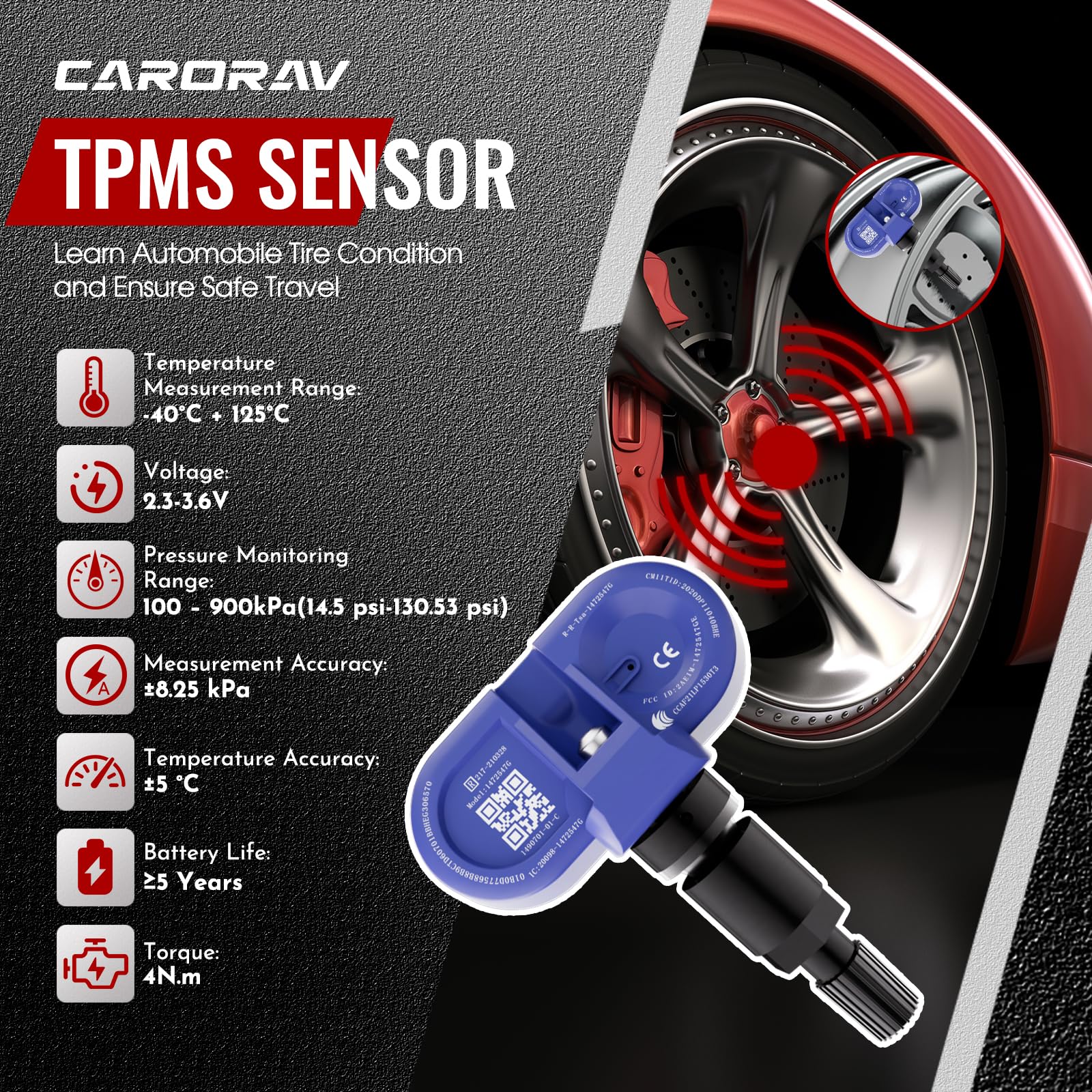 CARORAV Sensor TPMS Tesla, Sistema de Monitorización de Presión de Neumáticos Bluetooth apto para 2020 2021 2022 2023 2024 2025 Tesla Model S, Model X, Model Y, Model 3, Juego de 4 Reemplaza 1472547G
