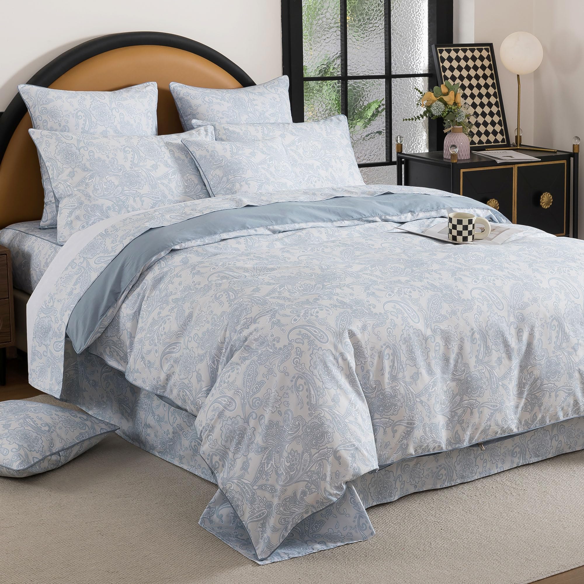 FADFAY Duvet Cover Set 3 Pieces, 100% Cotton Vintage Paisley Bedding, Light Blue Boho Comforter Cover, Soft & Breathable Cottagecore Farmhouse Bedding Hidden Zipper Closure, King/California King Size