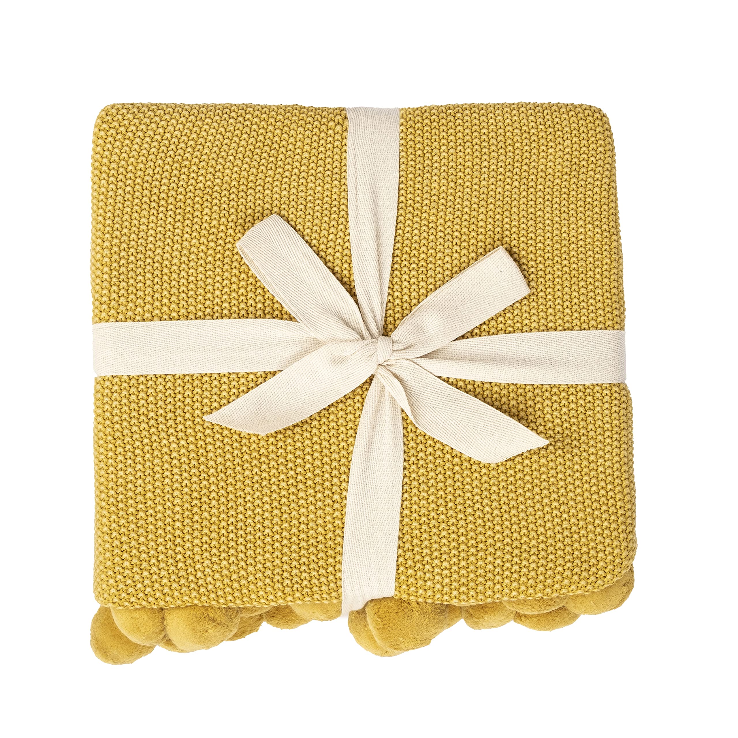 Penguin Home® Manta de Punto con Pompones 100% Algodón - Color Ocre - con Tacto Extra Suave para Sofá Sofá y Cama - Manta Cálida y Acogedora - 130x150 cm (50"x60")