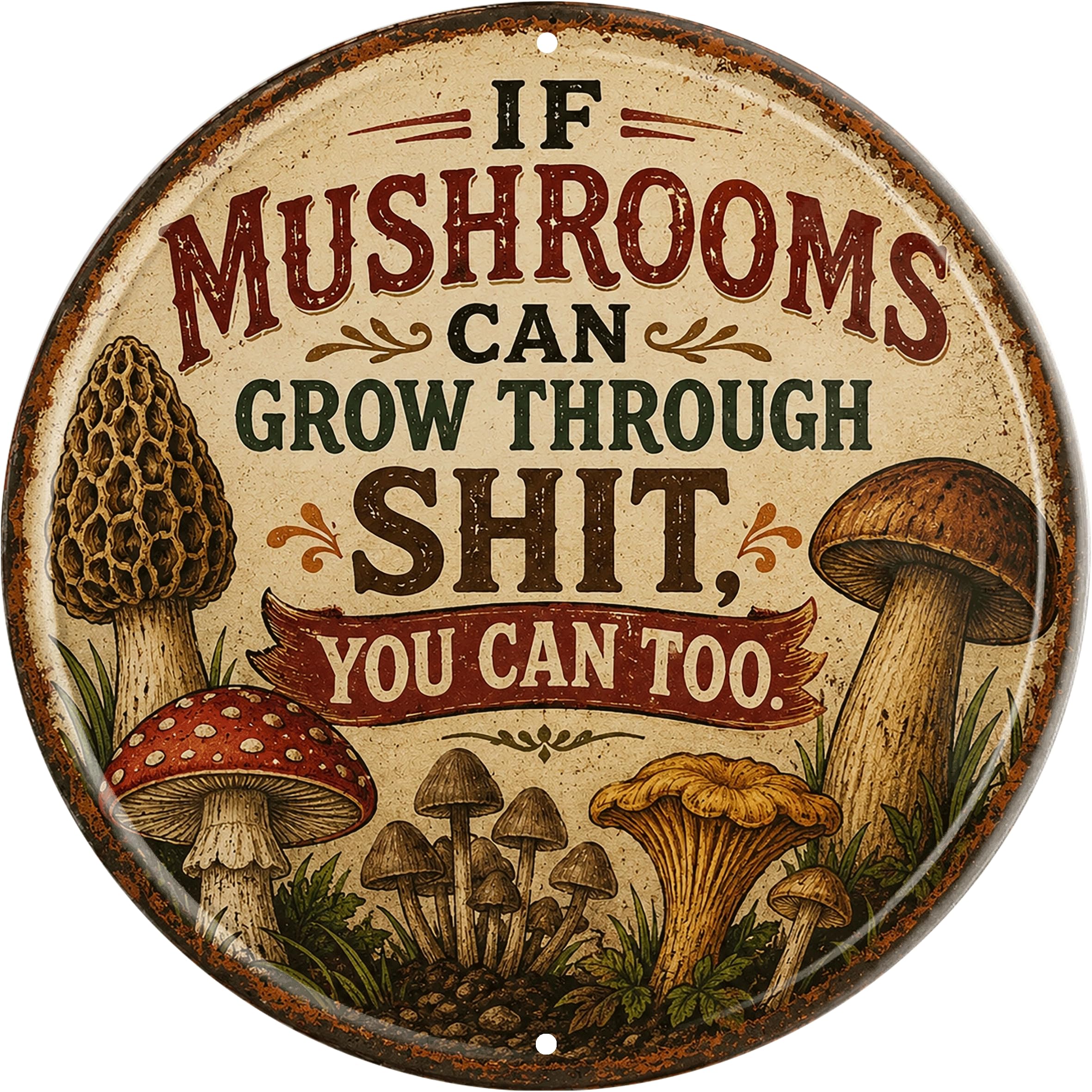 Aimlayton Mushrooms Grow Through Metal Sign 8x8in Round Motivational Plaque for Office Wall Decor Resilience Gift