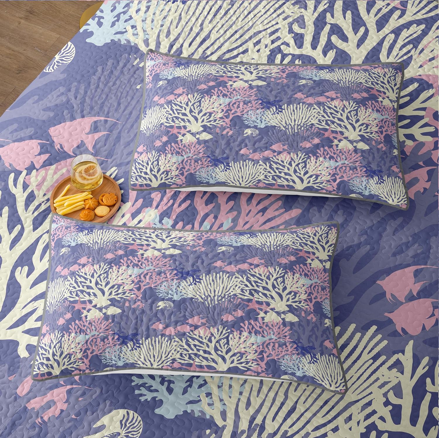 NIDITW Queen Quilt Set Microfiber Ultra Soft Lightweight Comforter with 2 Shams All Season Bedspread Coverlet Coral Seaweed Fish Design Purple (Purple Coral, Queen)