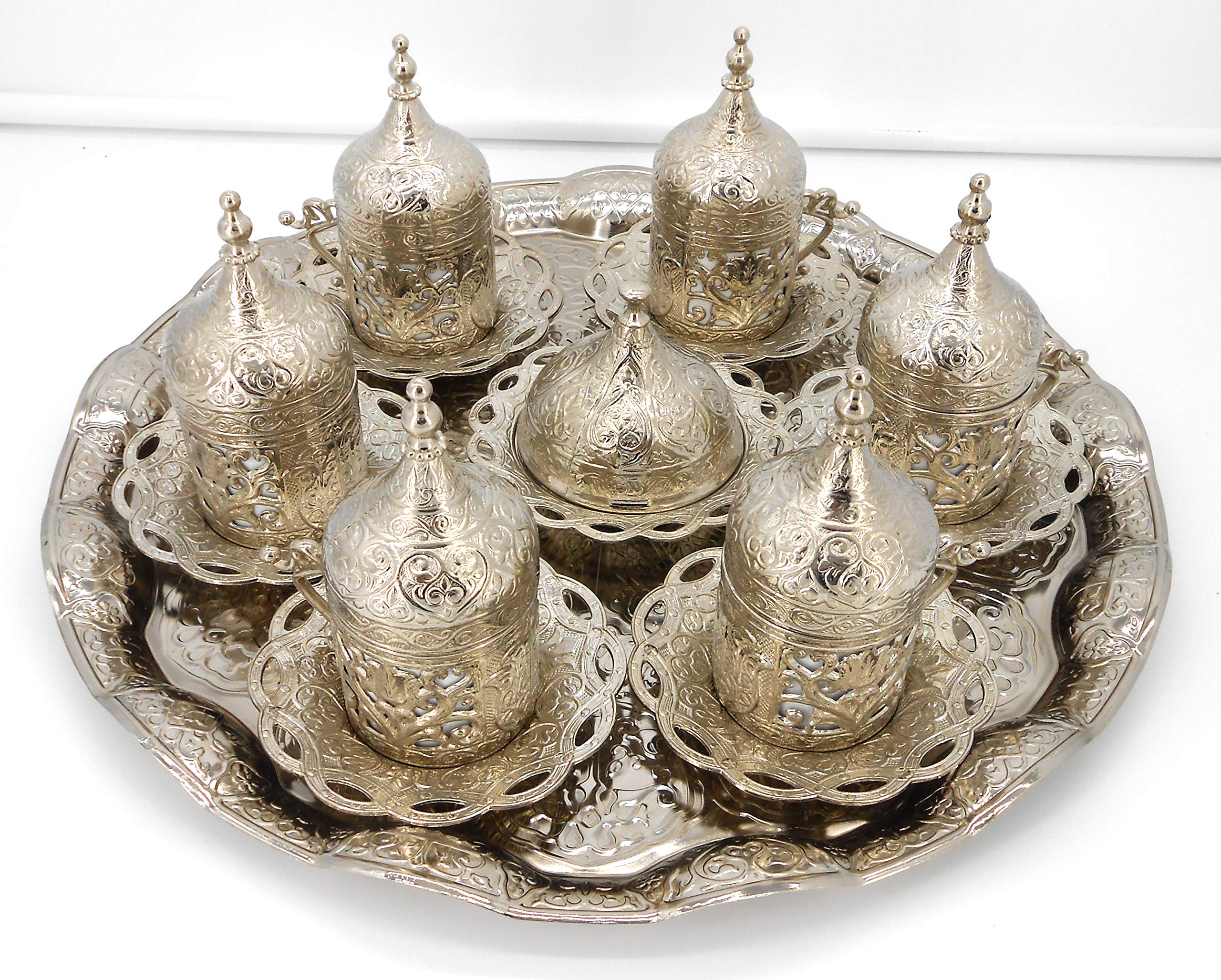 Silver color Set of 6 coffee cups with metal saucer, cup holder & tray/Moroccan drink ware/Home decorative