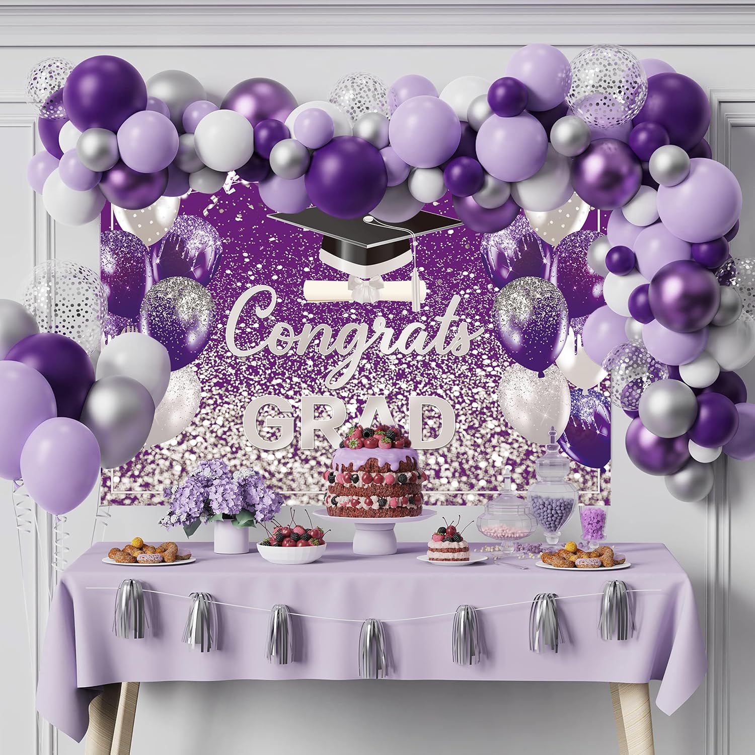 2026 Graduation Backdrop Purple Silver Congrats Grad Bachelor Cap Balloon Prom Send Off Photography Background School Celebration Class of 2026 Party Decor Banner Photo Props (Purple Silver, 8x6FT)