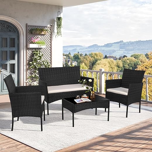 Shintenchi 4 Piece Outdoor Patio Furniture Sets, Small Wicker Patio Conversation Furniture Rattan Chair Set with Tempered Glass Coffee Table for Backyard Porch Garden Poolside Balcony,Black