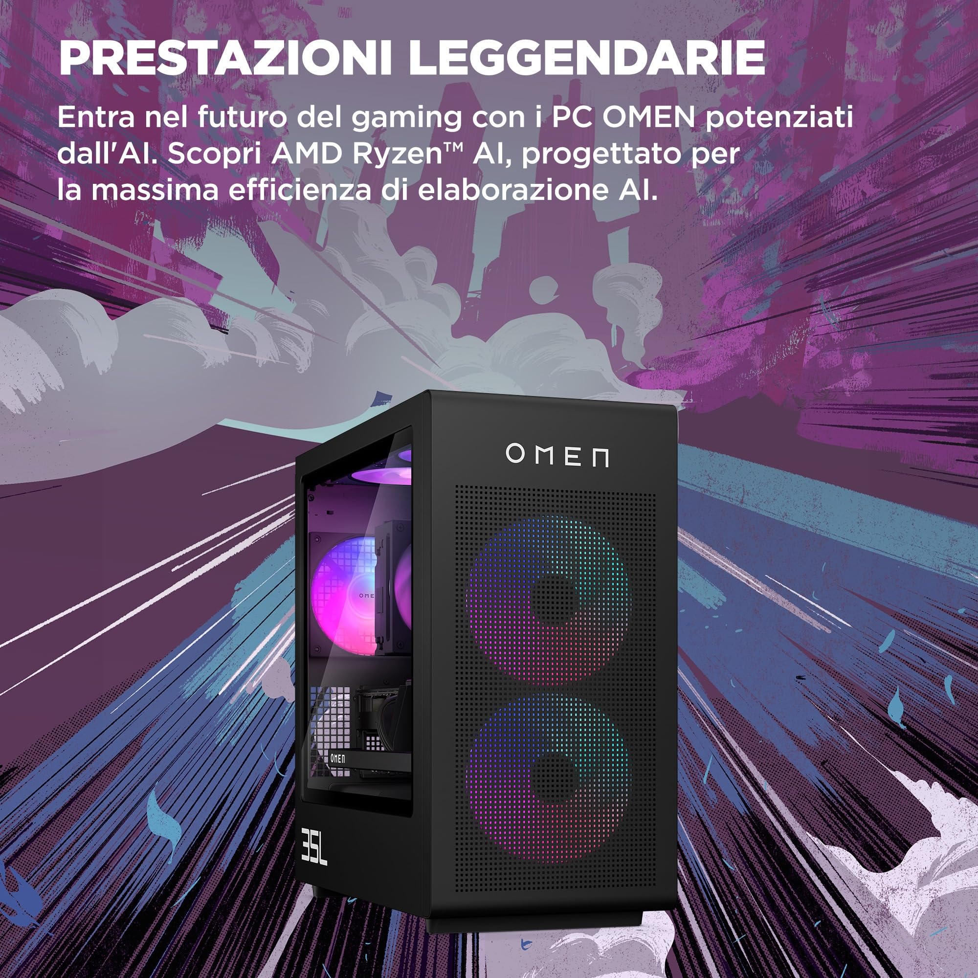 HP OMEN 35L GT16-0007sl Desktop, AMD Ryzen 7 8700F, Kingston FURY 32GB RAM, 1TB SSD, NVIDIA RTX 5070 12GB, 3 Mesi di PC Game Pass Incluso, Windows 11, Nero