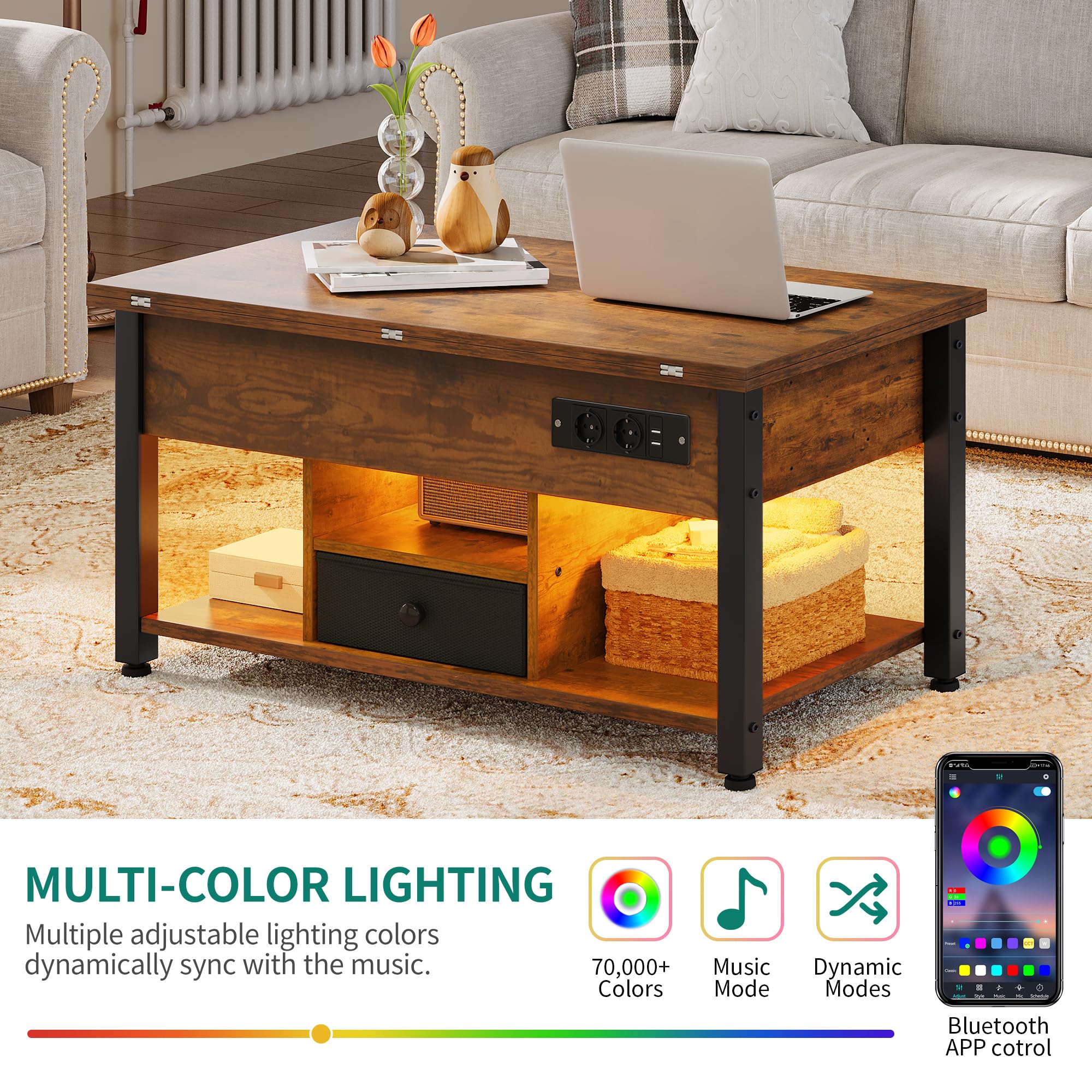 YITAHOME Couchtisch mit Höhenverstellbarer, 4-in-1-Multifunktions-Couchtisch mit Stauraum und LED Beleuchtung, Couchtisch lässt Sich in einen Esstisch für das Wohnzimmer umwandeln, Vintage-Braun