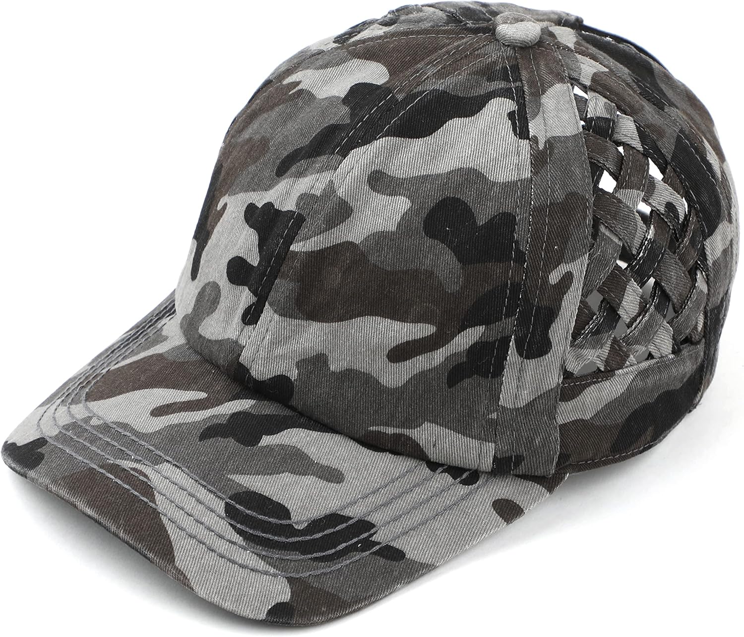 C.C Exclusives Washed Cotton Denim Basket Weave Criss-Cross Ponytail Baseball Cap Bundle Hair Tie (BT-922)