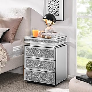 Mirrored Nightstand with 3 Drawers, Silver Nightstand with Crystal Inlay, Mirror End Table, Modern Bedside Table, 13.8''W x 17.7" L x 23.6" H,for Bedroom