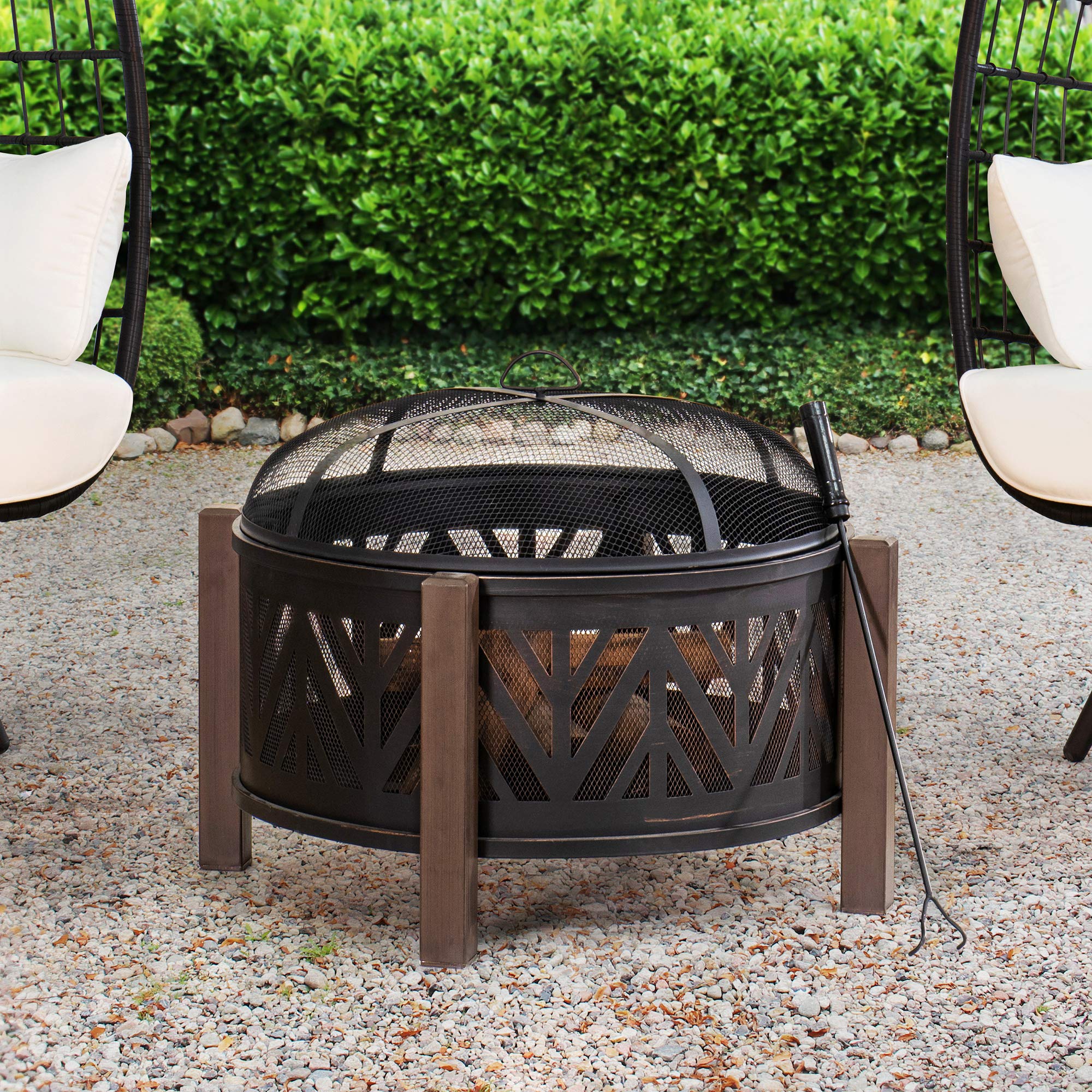 Sunjoy Samson 31 in. Round Chevron Wood Burning Firepit, Brown and Black