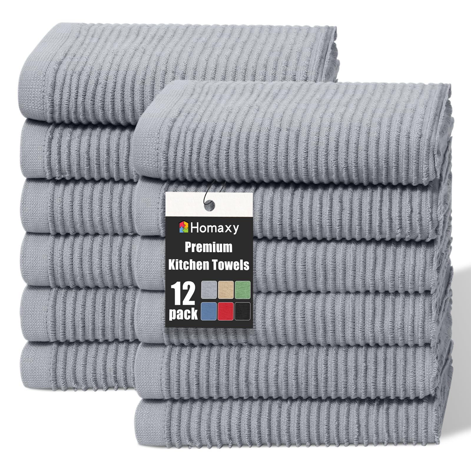 Homaxy Lot de 12 grands torchons de cuisine 100 % coton, ultra absorbants, en tissu éponge côtelé, avec boucle de suspension, 45,7 x 71,1 cm, gris