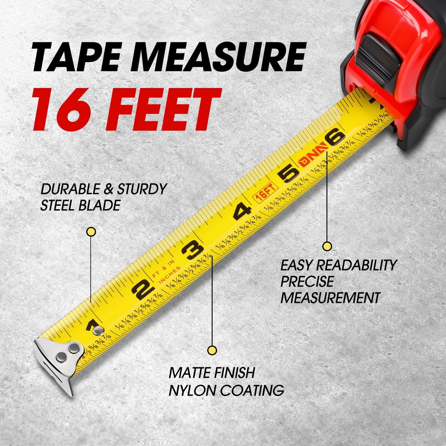 DNA Motoring TOOLS-00040 Heavy Duty Steel Blade Imperial Measuring Tape - 16 ft. Tape Reel with 1/8 inch Graduations, Push Button Lock