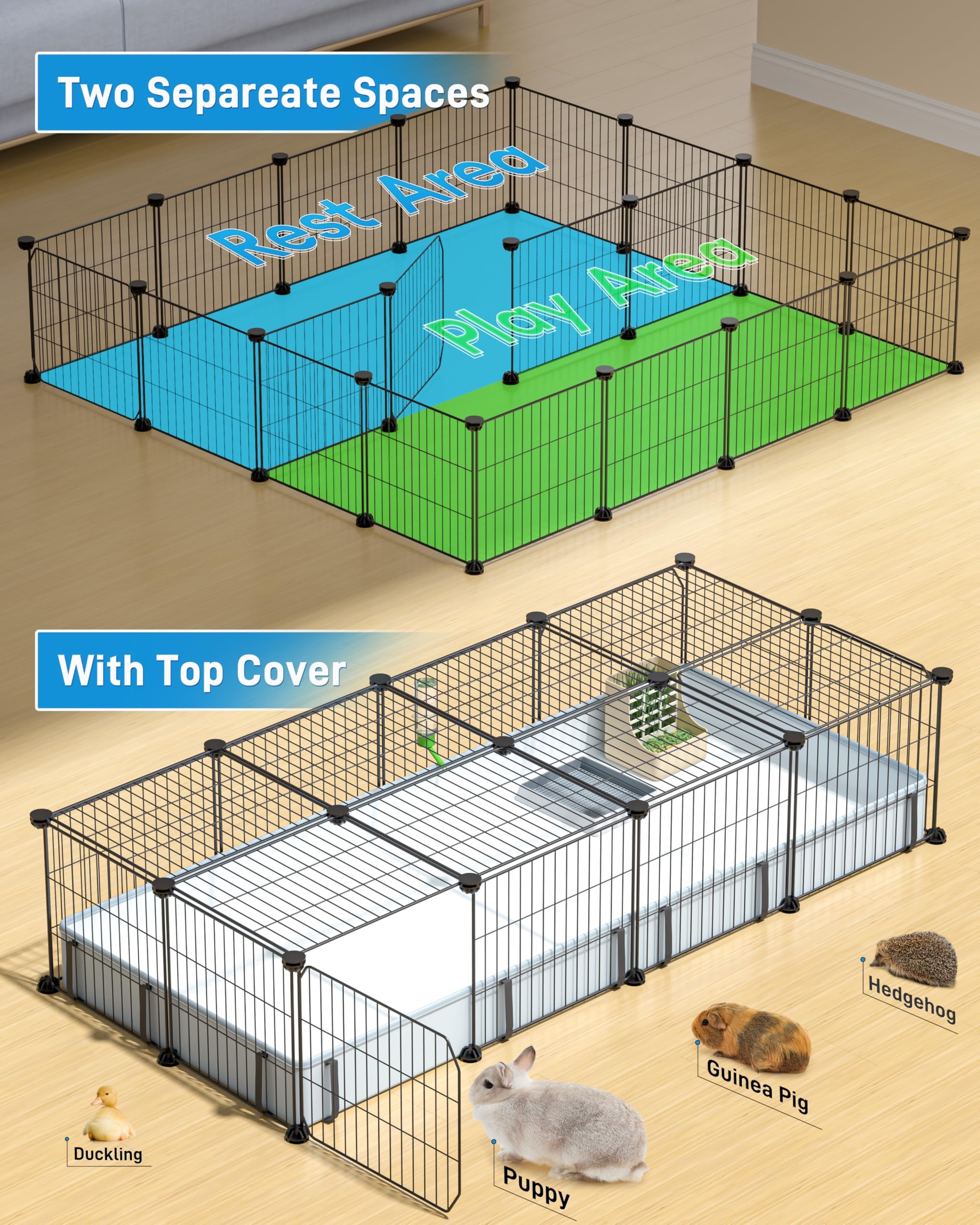 BUCATSTATE Cage pour petits animaux - 140 x 60 x 30 cm - Intérieur et extérieur - Fil métallique avec 2 portes - 20 panneaux - Avec tapis imperméable - Enclos C&C pour hérissons, chiots, chatons