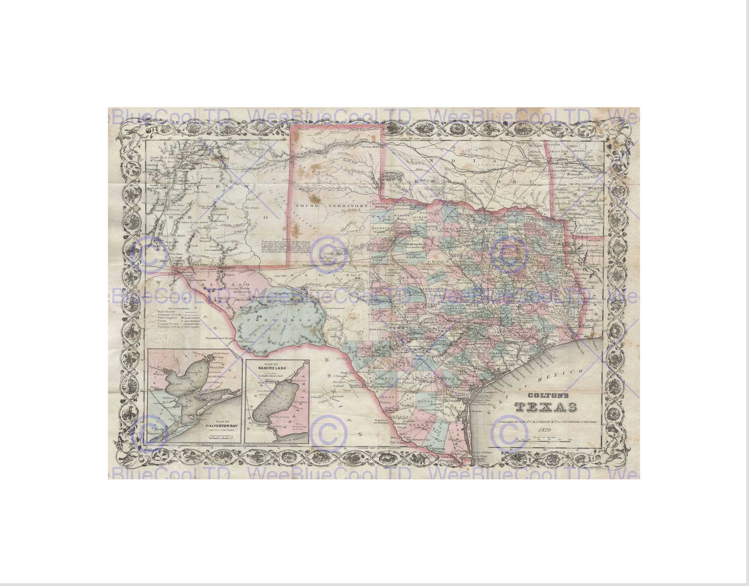 Wee Blue Coo MAP ILLUSTRATED ANTIQUE COLTON TEXAS BLACK FRAMED ART PRINT B12X4927