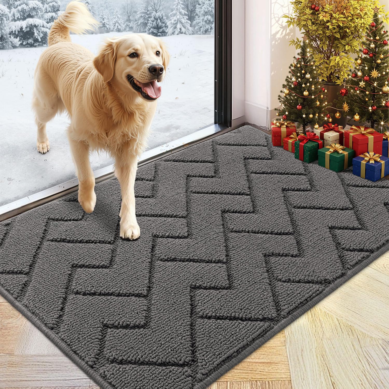 hicorfe Indoor Doormat,Front Back Door Mat Rubber Backing Non Slip Door Mats 24"x35" Absorbent Resist Dirt Entrance Doormat Inside Floor Mats for Entryway Washable Low-Profile (Grey)