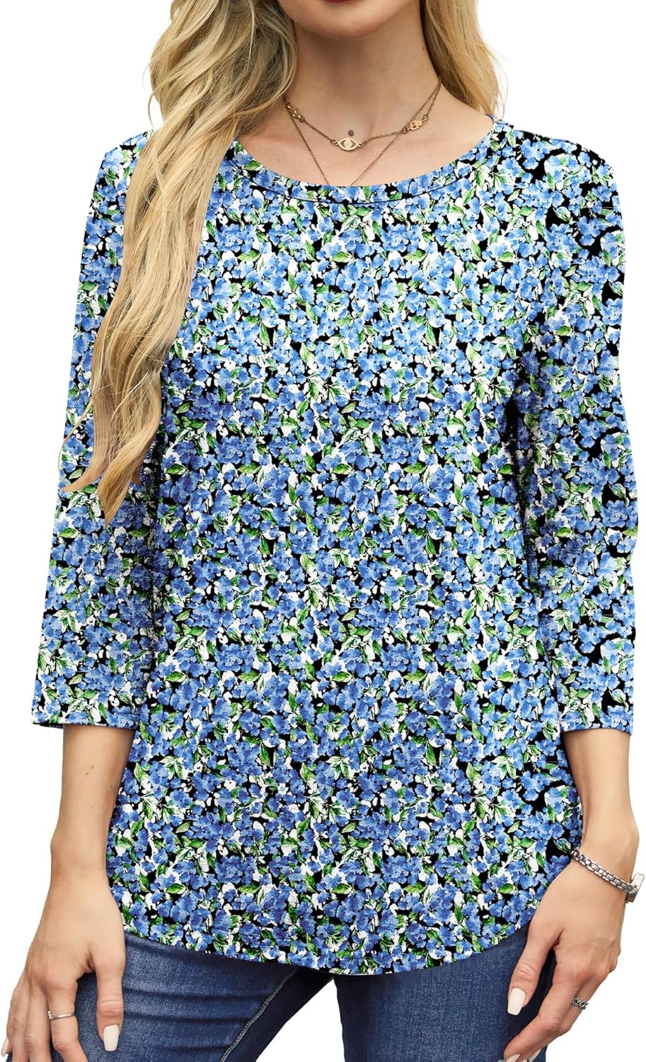 NORACORA Women's 3/4 Length Sleeve Crew Neck T-Shirt - Printed Casual Basic Tops - Image 2