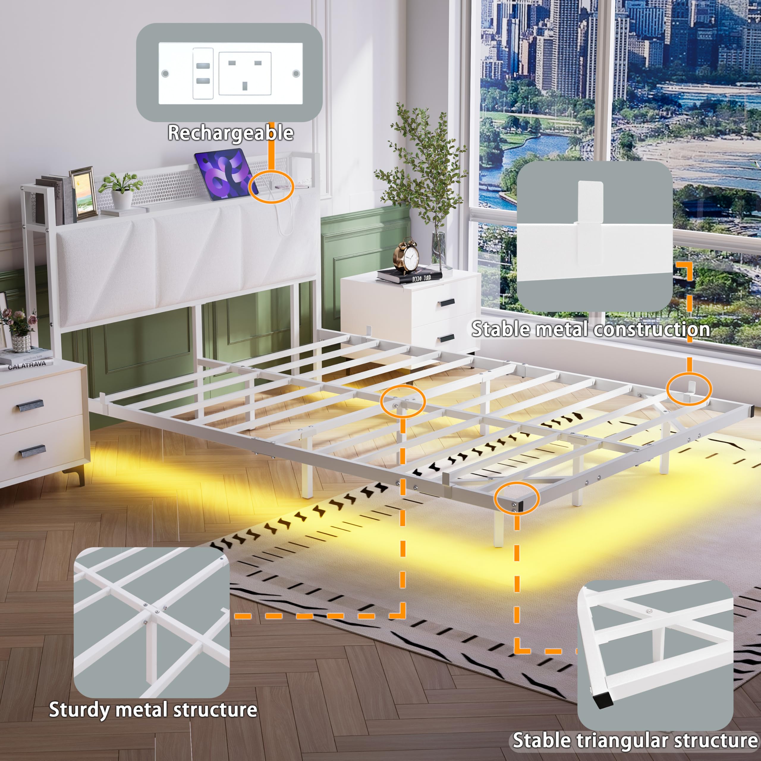 Marco de cama flotante de 120 x 200 cm con luces LED y estación de carga USB, marco de cama de plataforma metálica con cabecero acolchado y almacenamiento, listones de metal resistentes, libre