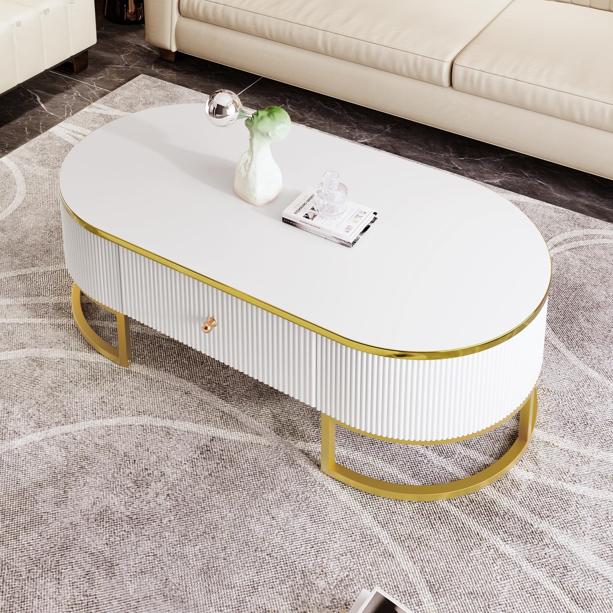 Coffee Table for Living Room, Modern Oval Shaped Coffee Table Set with 2 Drawers & Gold Metal Decor, Contemporary Luxury Cocktail Table Center Table for Office (White & Gold)
