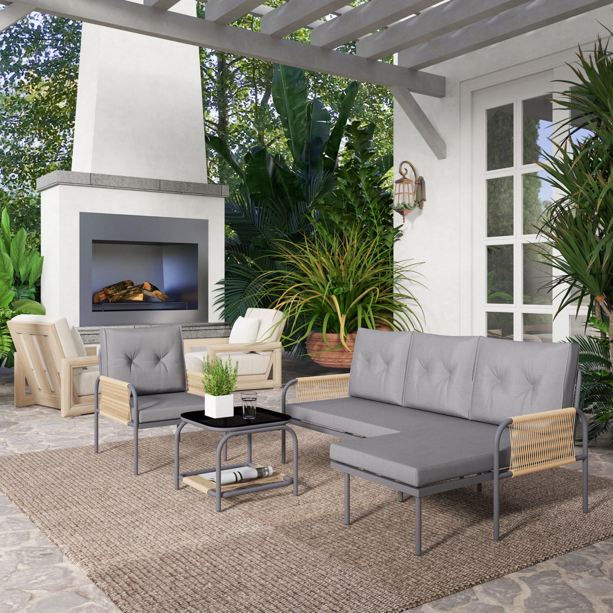 Outsunny Set di Mobili da Giardino in Rattan 4 Pezzi, Salotto da Esterno con Divanetto 2 Posti, Poltrona, Chaise Longue con Cuscini Lavabili e Tavolino in Vetro, Set Giardino Esterno, Grigio Scuro