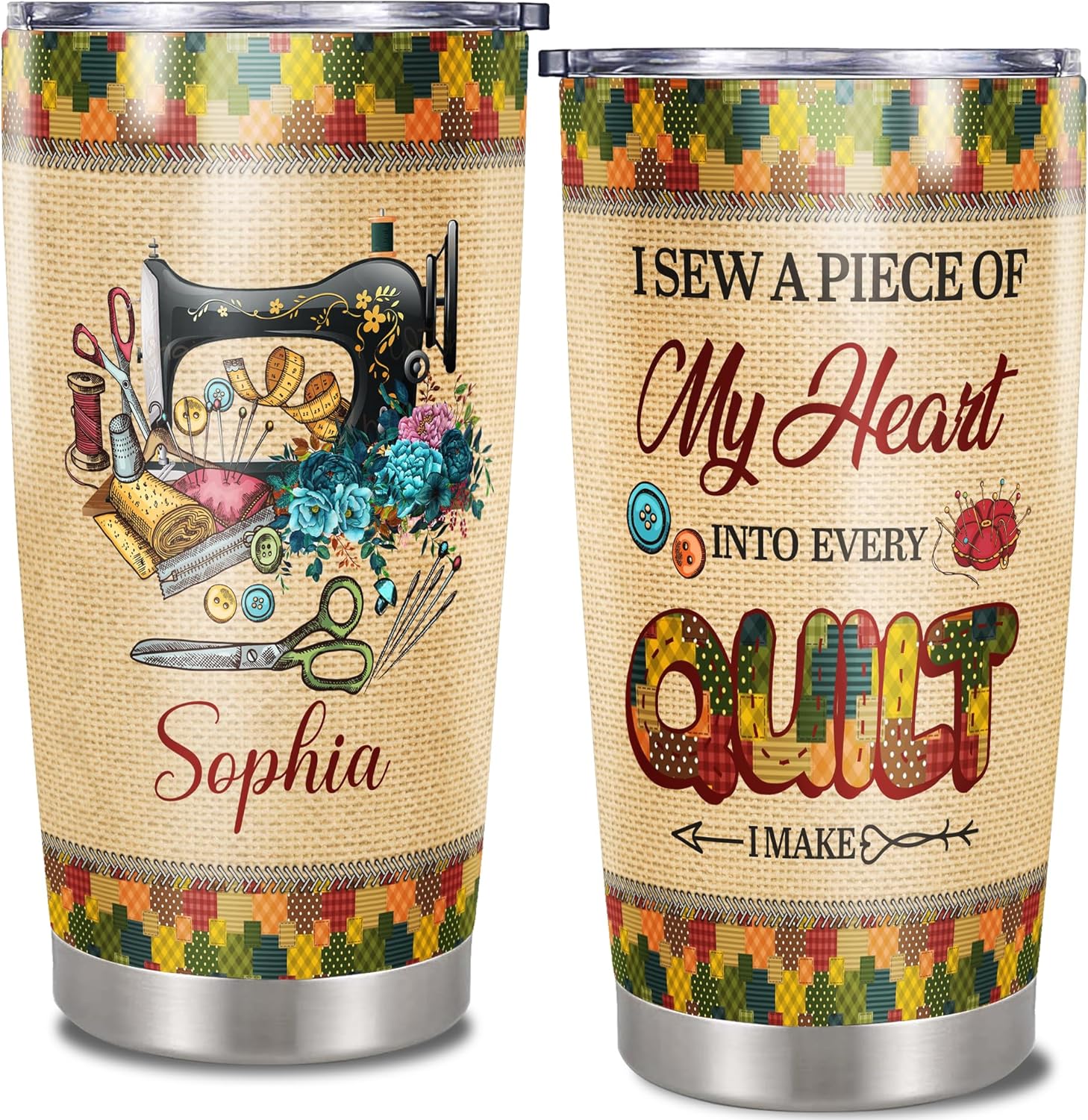 DORRIS Personalized Tumbler Quilting Supplies Customize Name Sewing Mechanic Insulated Cup 20oz 30oz Stainless Steel Double Wall Vacuum Quilters Gifts for Sewers and Quilters Seamstress Women