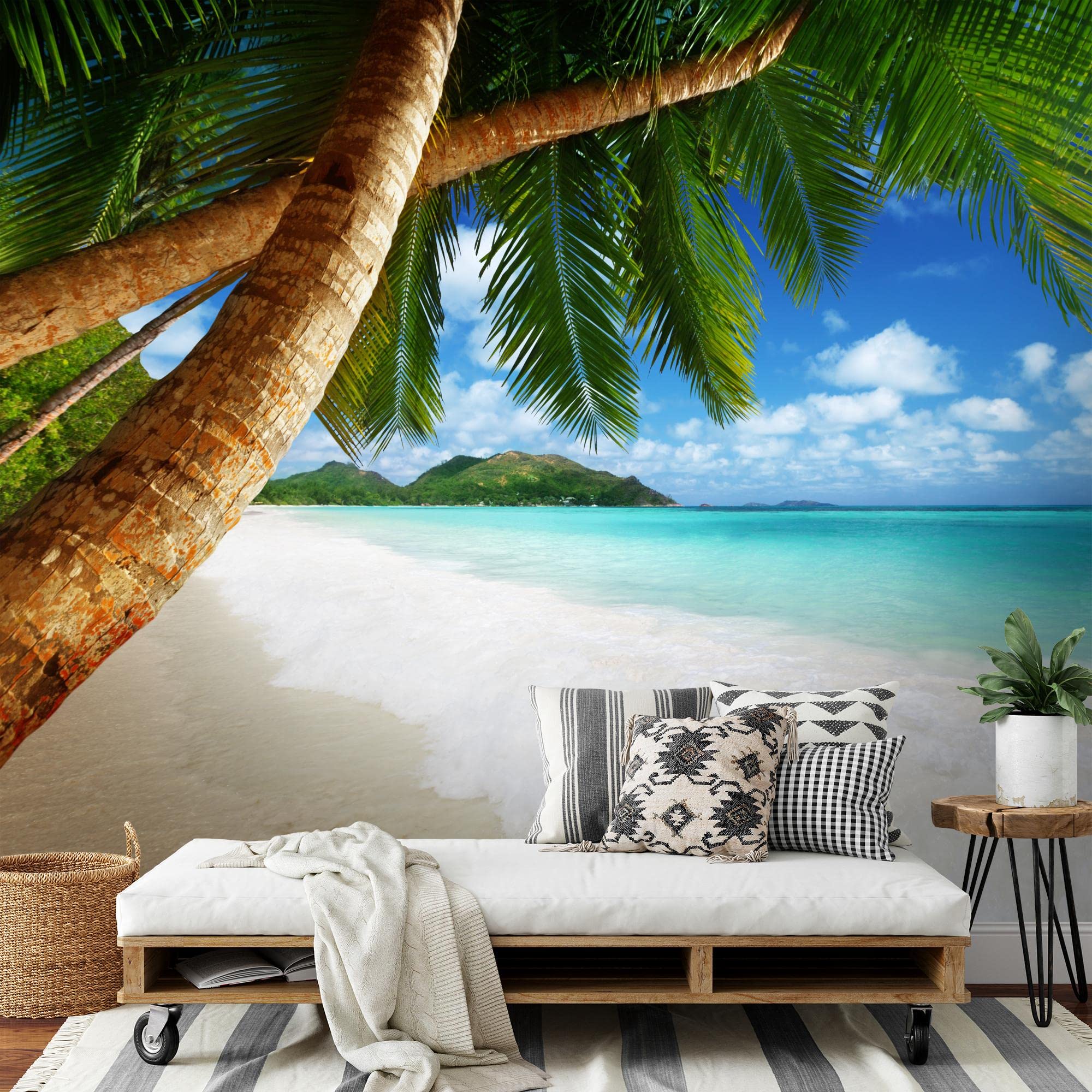 Runa Art Carta da parati fotografica 396 x 280 cm Spiaggia e mare palma | Vello Decorazione Murale Soggiorno Camera Da Letto | Manifattura tedesca | Verde blu 9004012b