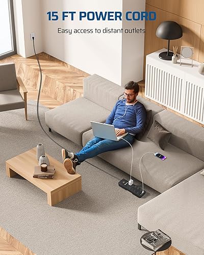 Miniatura 5 de DEWENWILS Regleta de protección contra sobretensiones de 10 salidas con 4 puertos USB, cable de extensión de 15 pies de largo, enchufe plano de