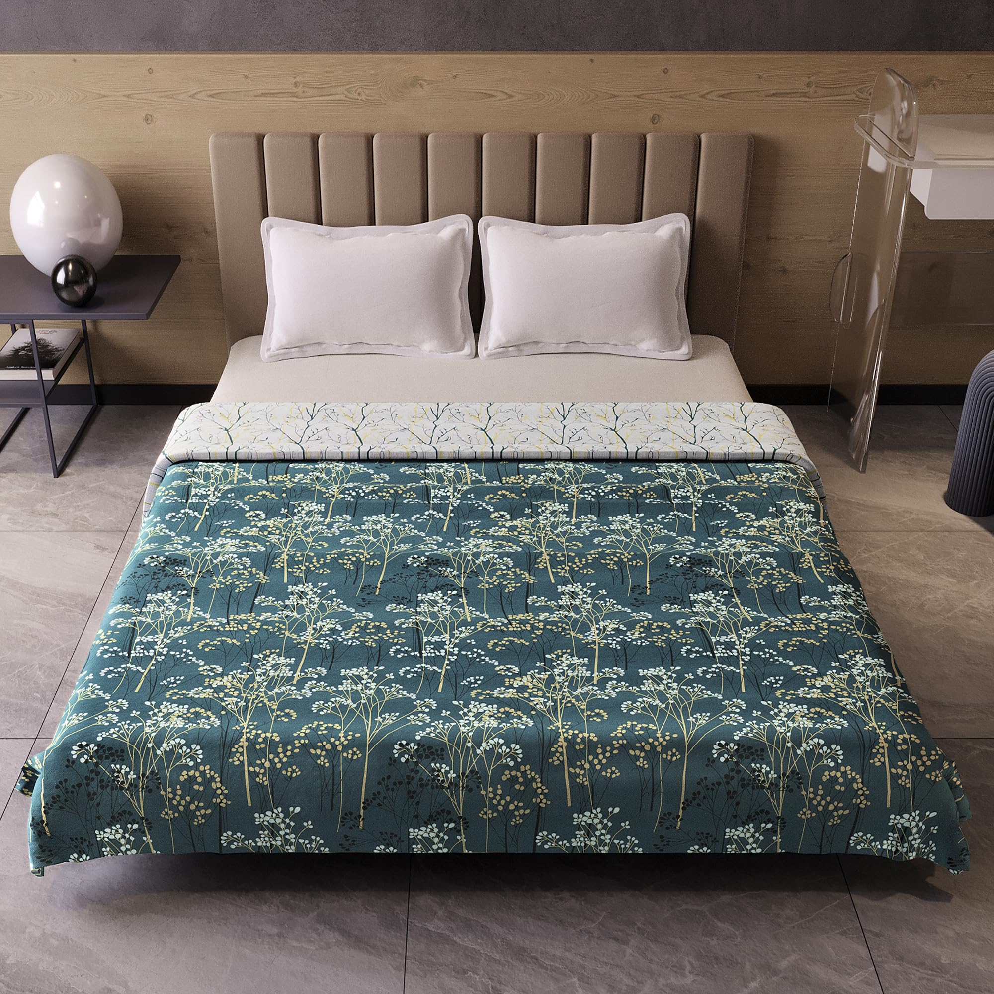 Divine Casa 120 GSM Microfiber Double Dohar | Soft & Lightweight Throw Blanket | Cozy & Breathable | All-Season Comfort | 220 x 205 CM | Floral Branches Pattern | Teal & White