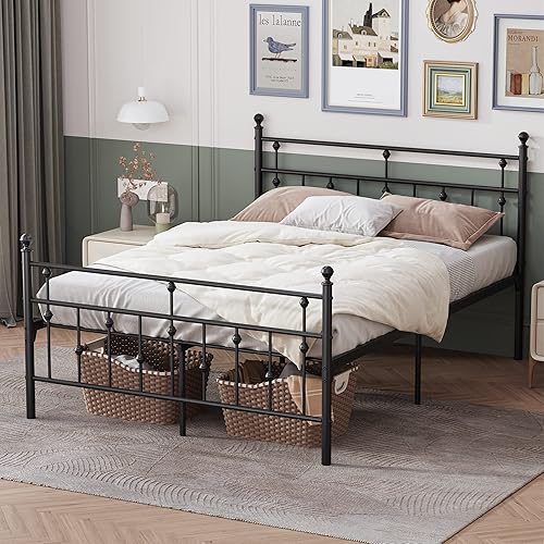 Weehom Base de cama de tamaño matrimonial con cabecero y estribo, plataforma de metal, marco de cama debajo de la cama, diseño moderno para niños,