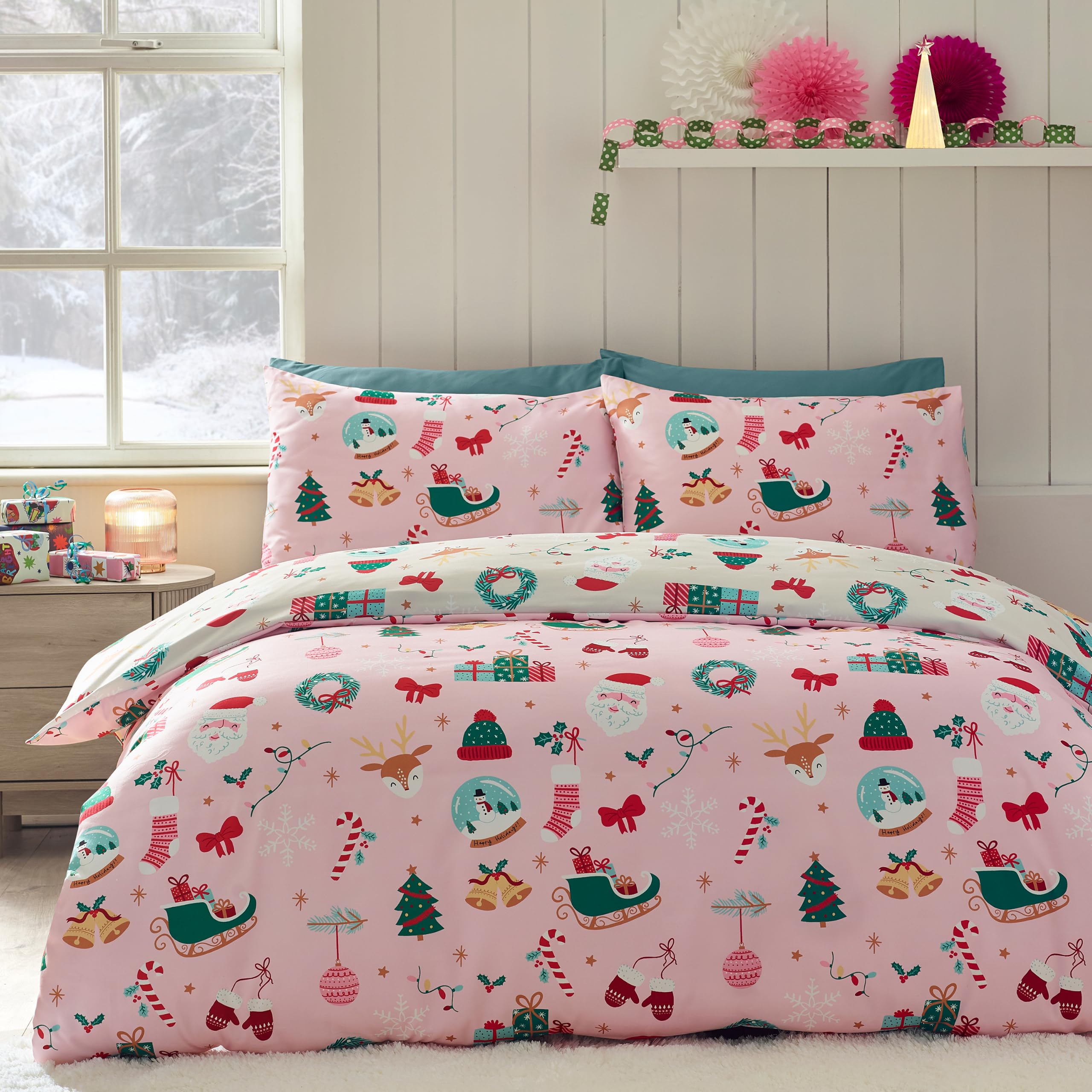 Catherine Lansfield Christmas Happy Holidays Junior Duvet Cover Set Pink