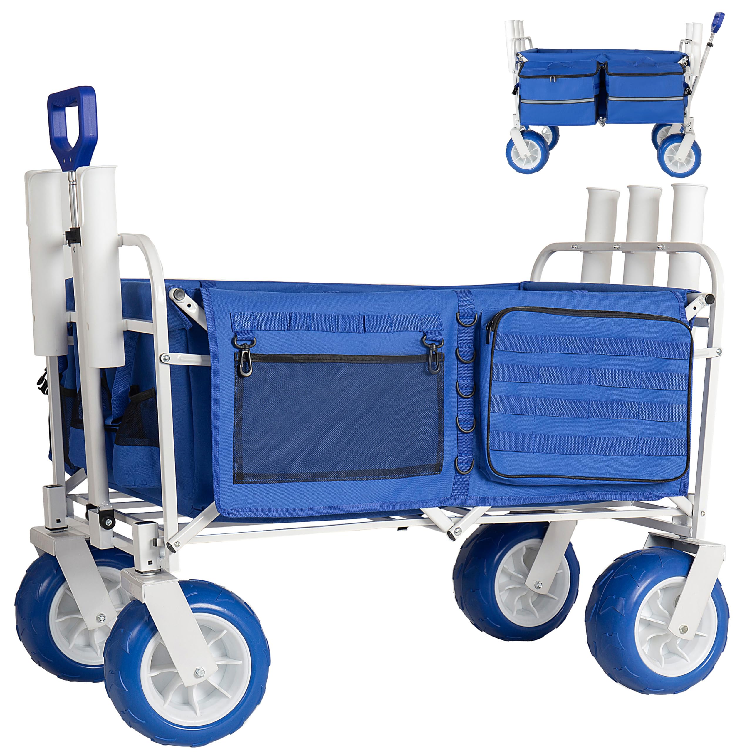 Heavy Duty Foldable Beach Wagon with 9" Inflatable All-Terrain Wheels, 500LBS Load Capacity Collapsible Cart for Sand, Camping & Outdoor Activities (Blue-c)