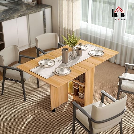 HOMCOM Folding Dining Table Drop Leaf Table Foldable for Small Spaces Teak